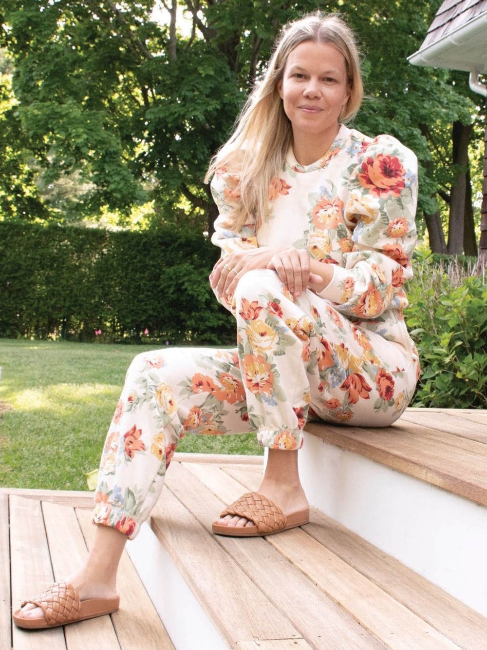 Loeffler Randall M Floral Puff Sleeve Sweatshirt Jogger Set Cottagecore Roses